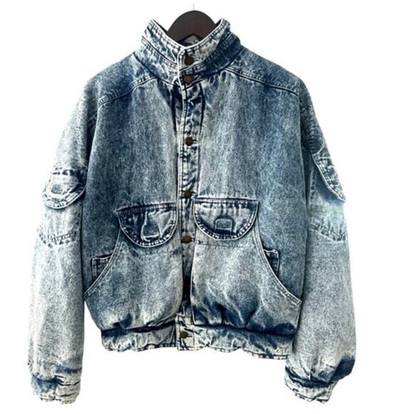 Vintage Denim Jacket unisex Pilot Bomber Military Puffer Biker Jean Acid Wash M - Picture 3 of 16